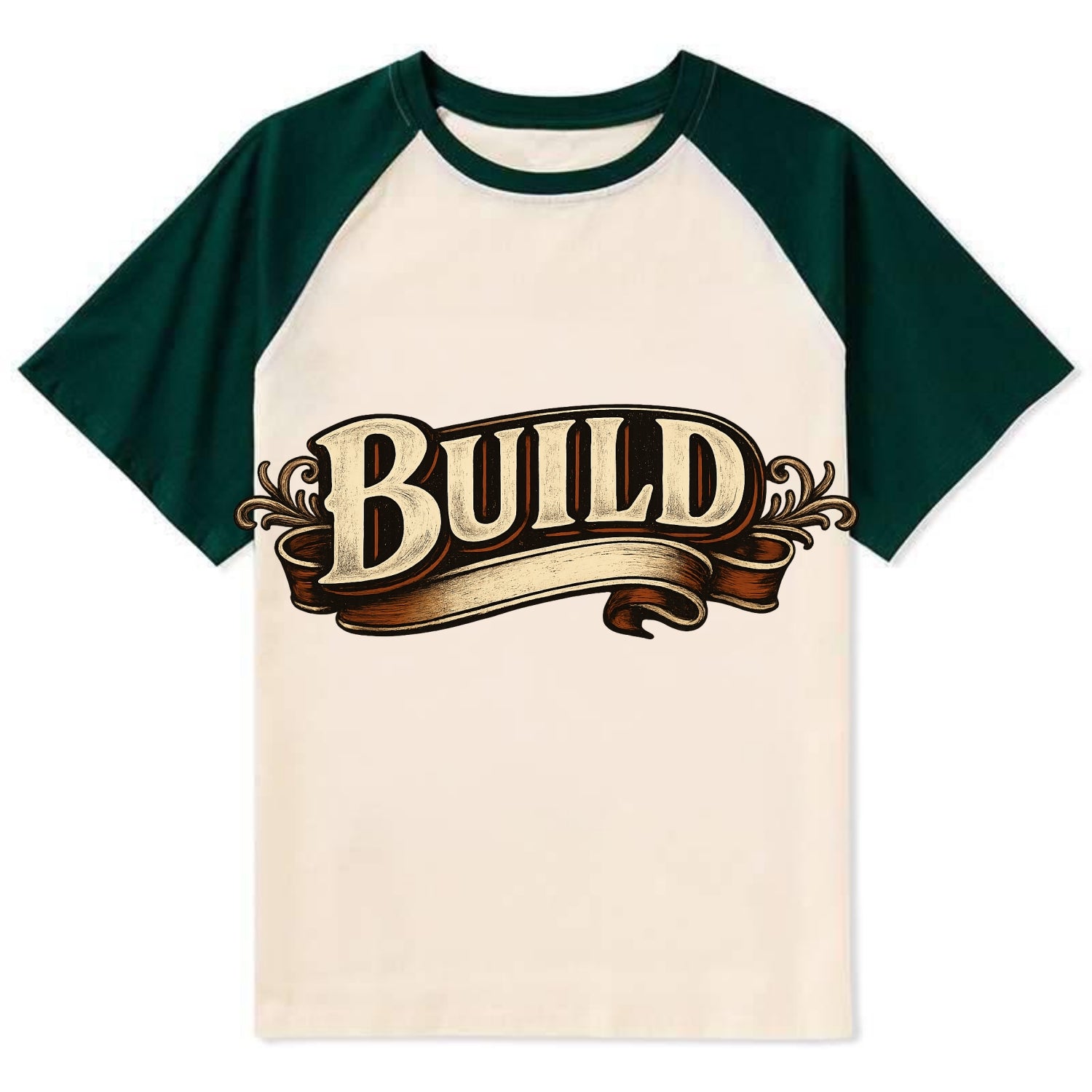 Bold typography design - "BUILD" - constructing, making real - Contrast Raglan T-shirt - Green