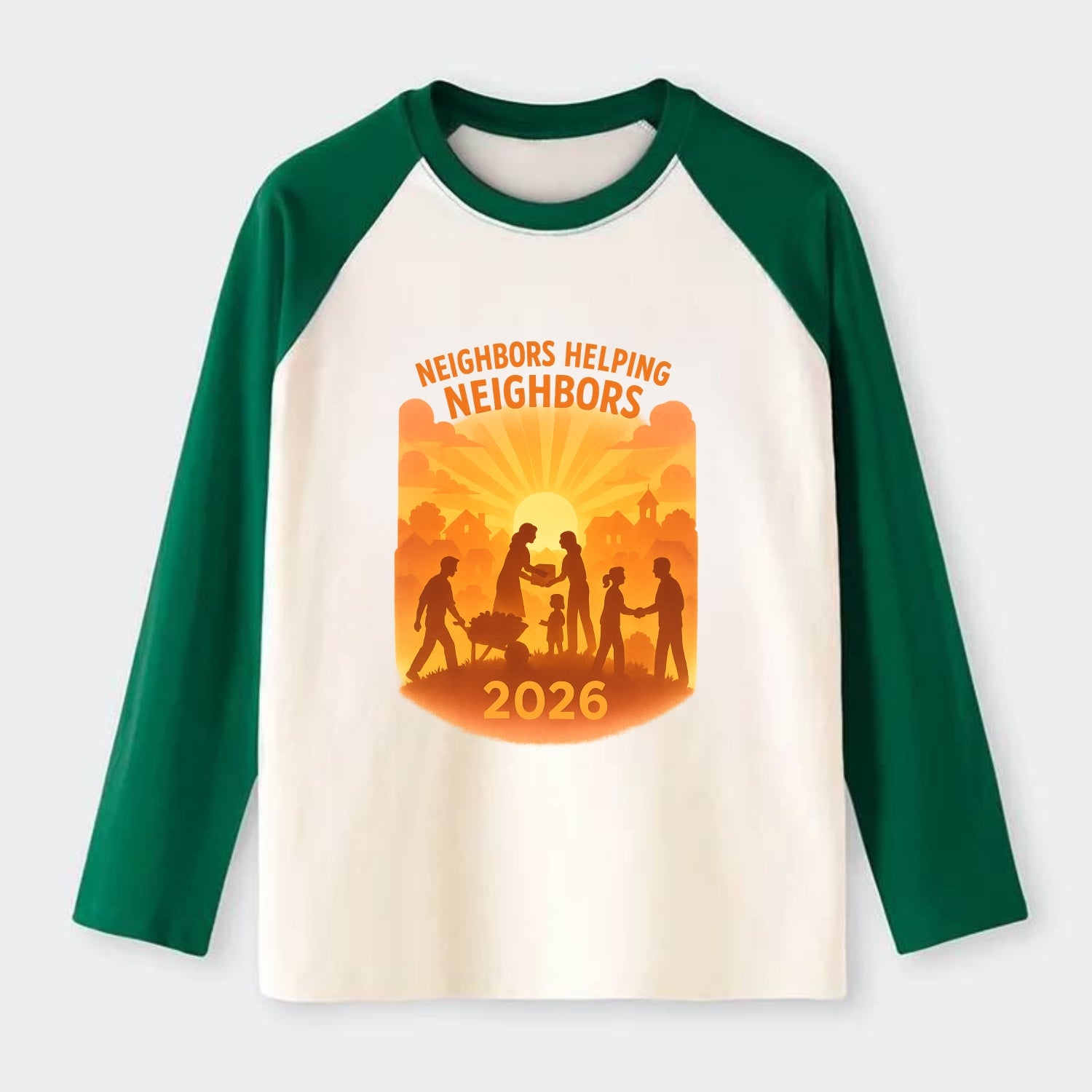 Local communities thriving with shared resources - "Neighbors Helping - Raglan Long Sleeve T-Shirt - Green