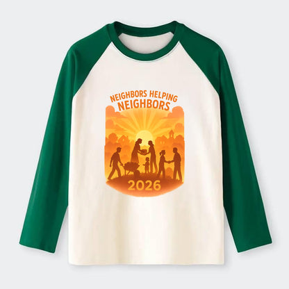 Local communities thriving with shared resources - "Neighbors Helping - Raglan Long Sleeve T-Shirt - Green