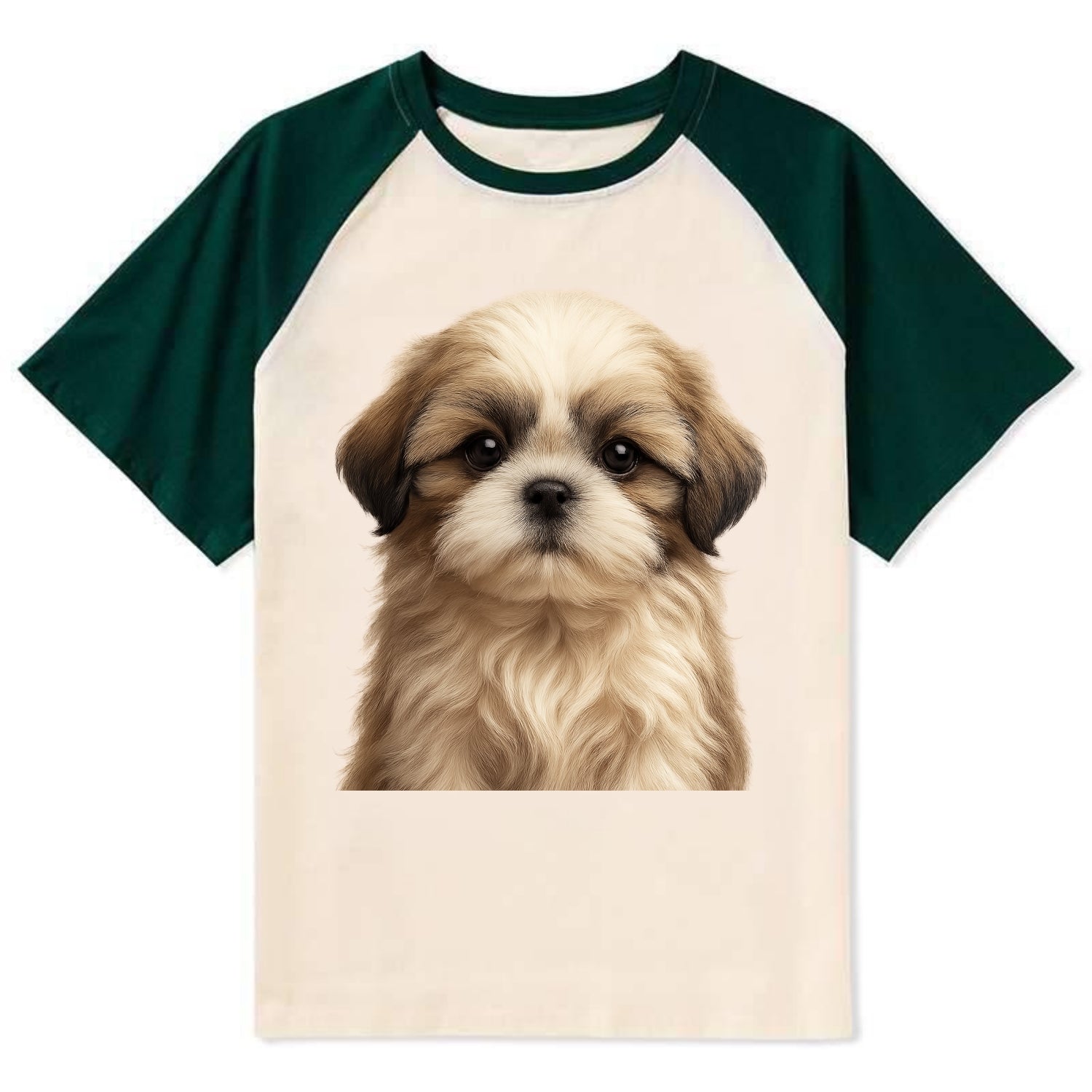 Baby Shih Tzu Puppy - long flowing coat, flat face, big dark eyes, - Contrast Raglan T-shirt - Green
