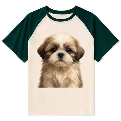 Baby Shih Tzu Puppy - long flowing coat, flat face, big dark eyes, - Contrast Raglan T-shirt - Green