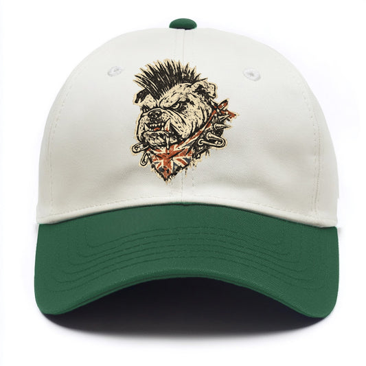 PUNK BULLDOG | British bulldog with mohawk | Safety pins through collar | Union Jack - Two Tone Cap - Green