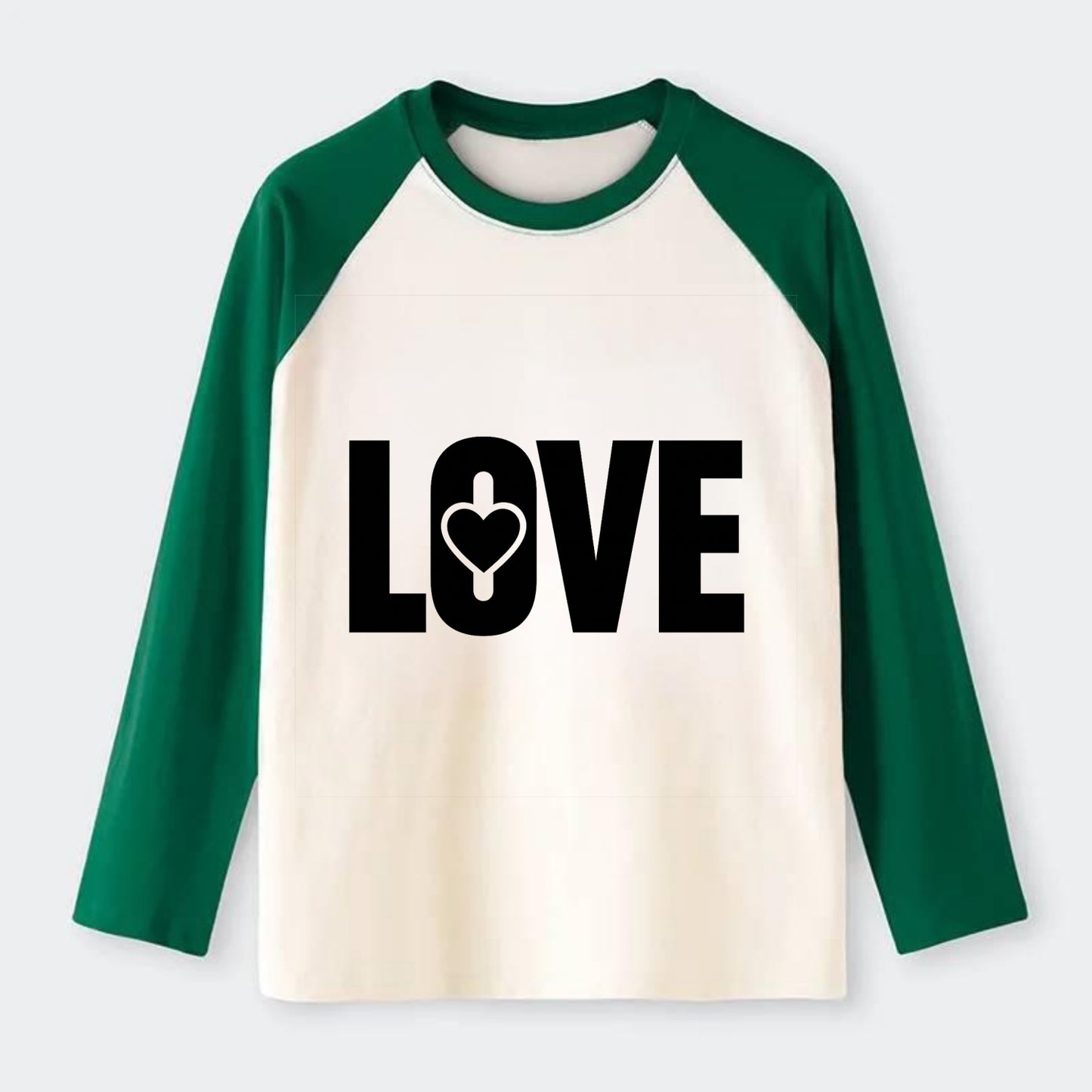 Bold typography design - "LOVE" - universal connection, heart centered - Raglan Long Sleeve T-Shirt - Green