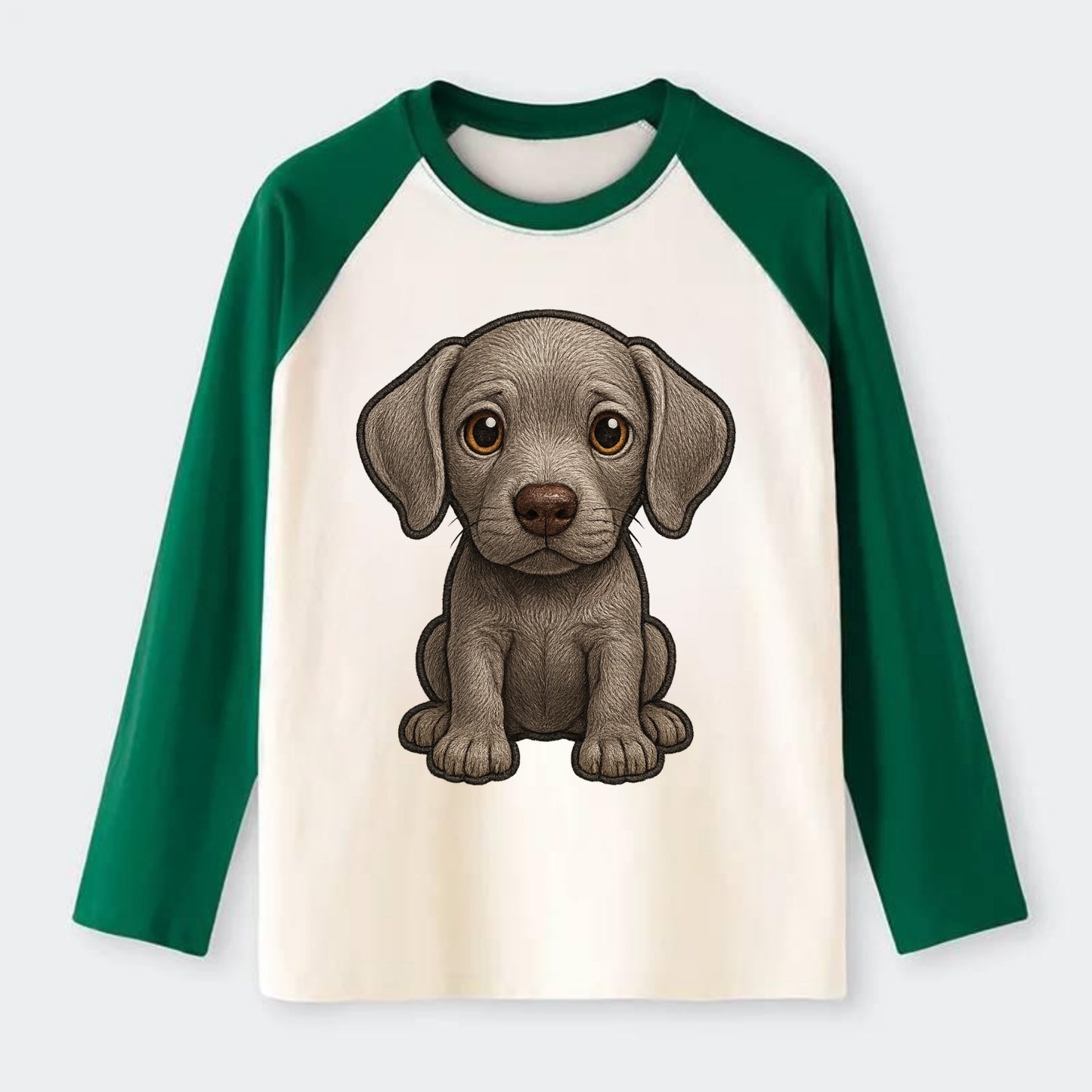 Baby Weimaraner Puppy - silver-gray coat, amber eyes, sleek body, - Raglan Long Sleeve T-Shirt - Green
