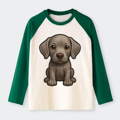 Baby Weimaraner Puppy - silver-gray coat, amber eyes, sleek body, - Raglan Long Sleeve T-Shirt - Green