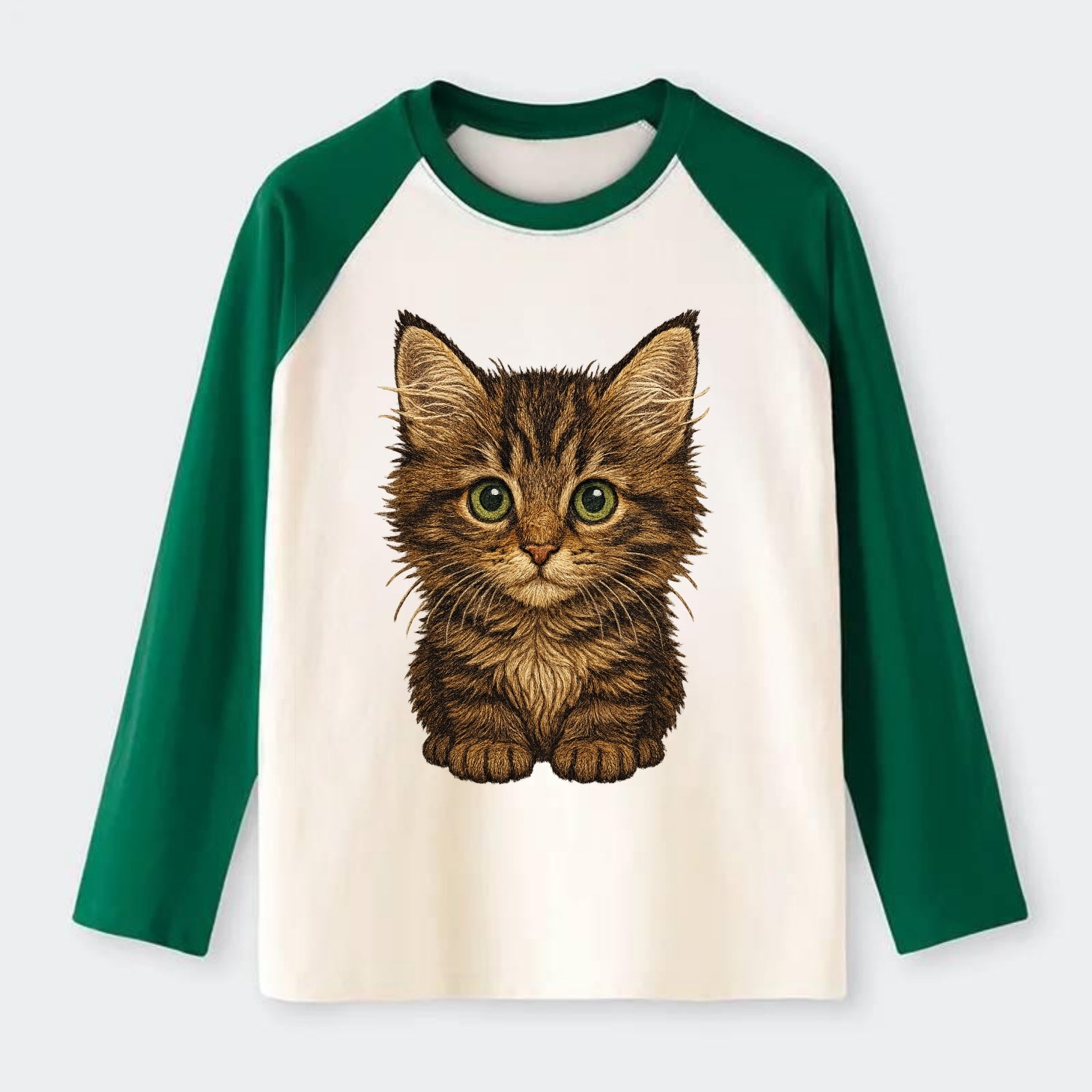 Baby Maine Coon Kitten - large fluffy tabby, tufted ears, big green - Raglan Long Sleeve T-Shirt - Green