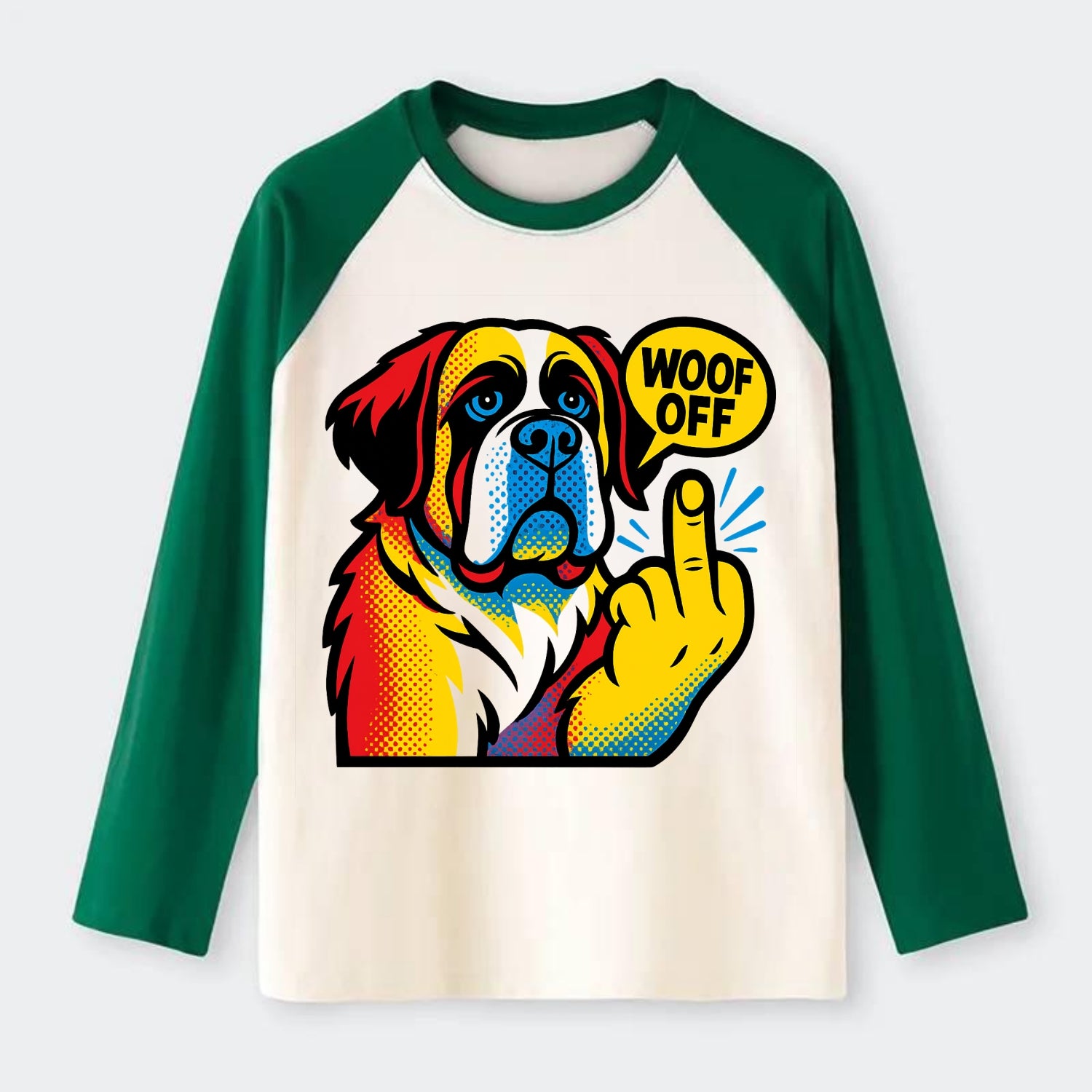 Saint Bernard with gentle giant face and droopy jowls, huge paw raised - Raglan Long Sleeve T-Shirt - Green