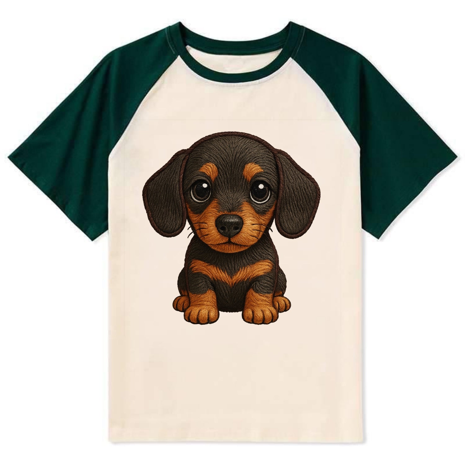 Baby Dachshund Puppy - long body, short legs, floppy ears, curious eyes, - Contrast Raglan T-shirt - Green