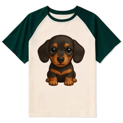 Baby Dachshund Puppy - long body, short legs, floppy ears, curious eyes, - Contrast Raglan T-shirt - Green