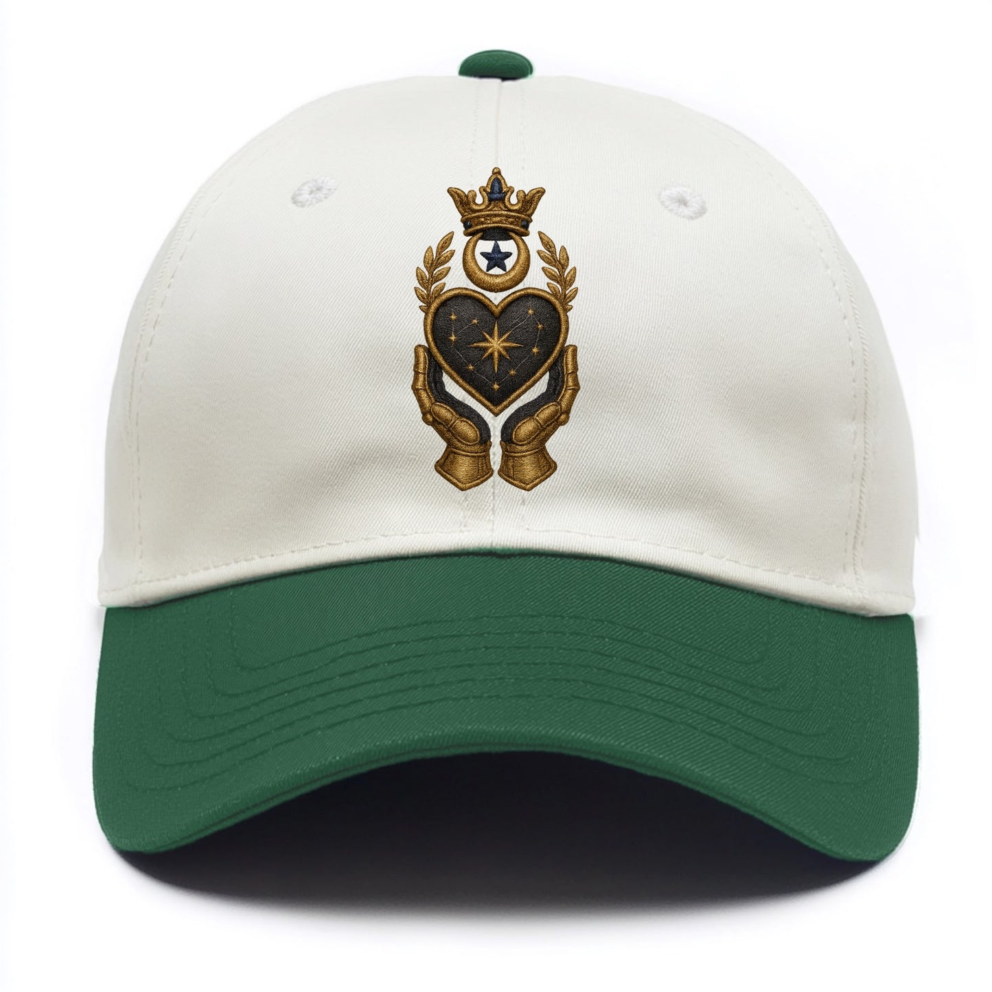 Crowned heart with Art Deco sunburst crown and geometric filigree hands cradling the - Two Tone Cap - Green