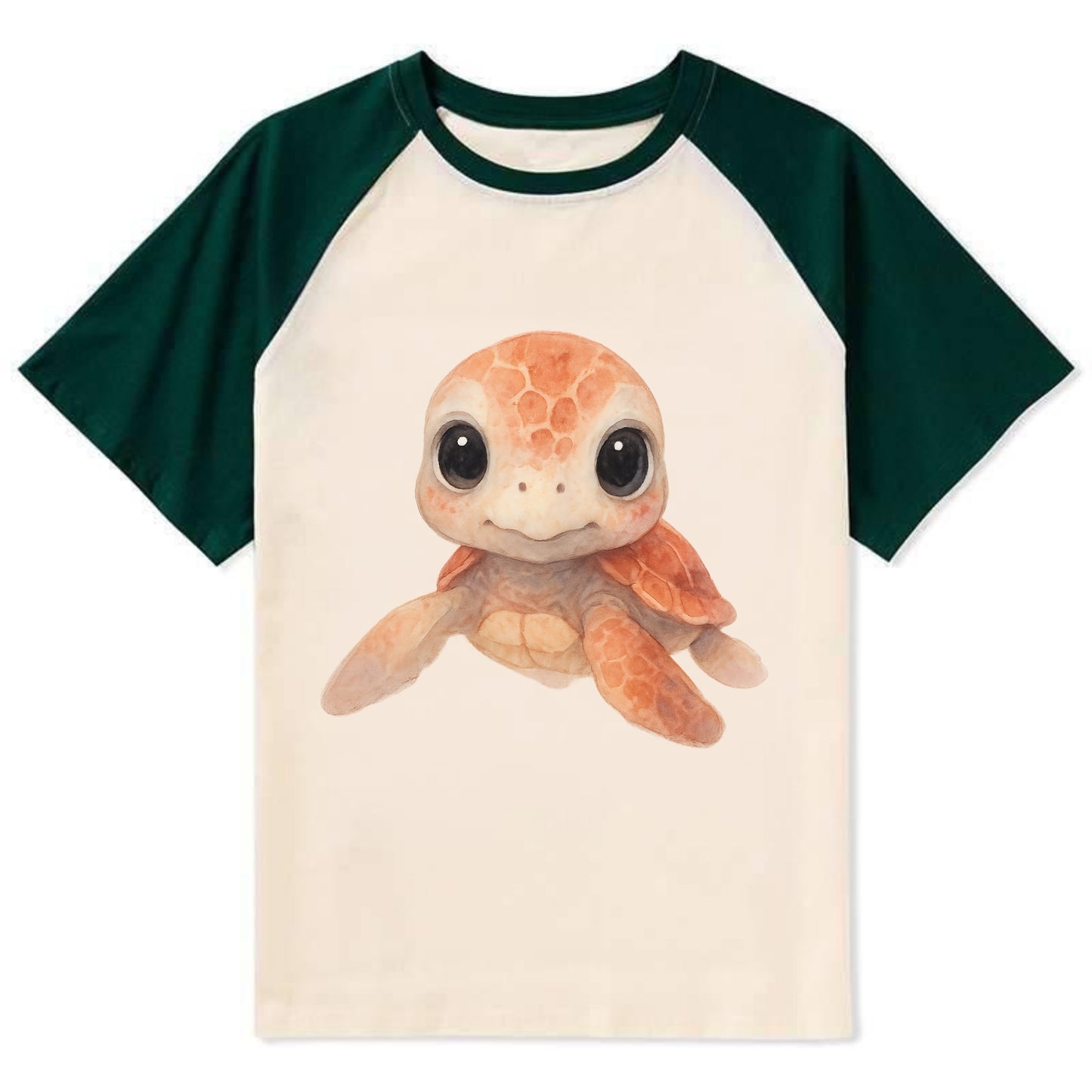 Baby Loggerhead Turtle - reddish-brown shell, big round dark eyes, chunky - Contrast Raglan T-shirt - Green