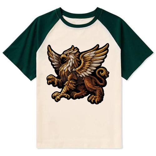 GRIFFIN BEAST - lion eagle hybrid in gold and brown , heraldic - Contrast Raglan T-shirt