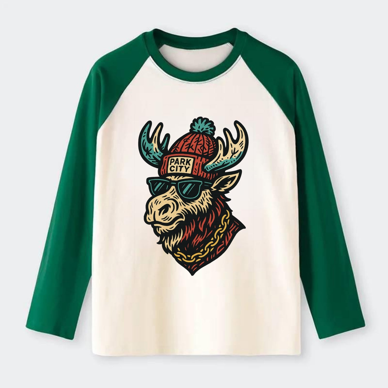 Park City Moose wearing Park City beanie with pom pom and wayfarer - Raglan Long Sleeve T-Shirt - Green