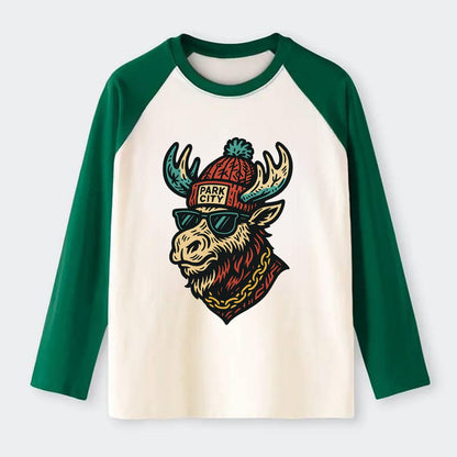 Park City Moose wearing Park City beanie with pom pom and wayfarer - Raglan Long Sleeve T-Shirt - Green