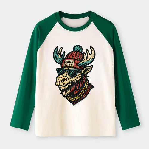 Park City Moose wearing Park City beanie with pom pom and wayfarer - Raglan Long Sleeve T-Shirt