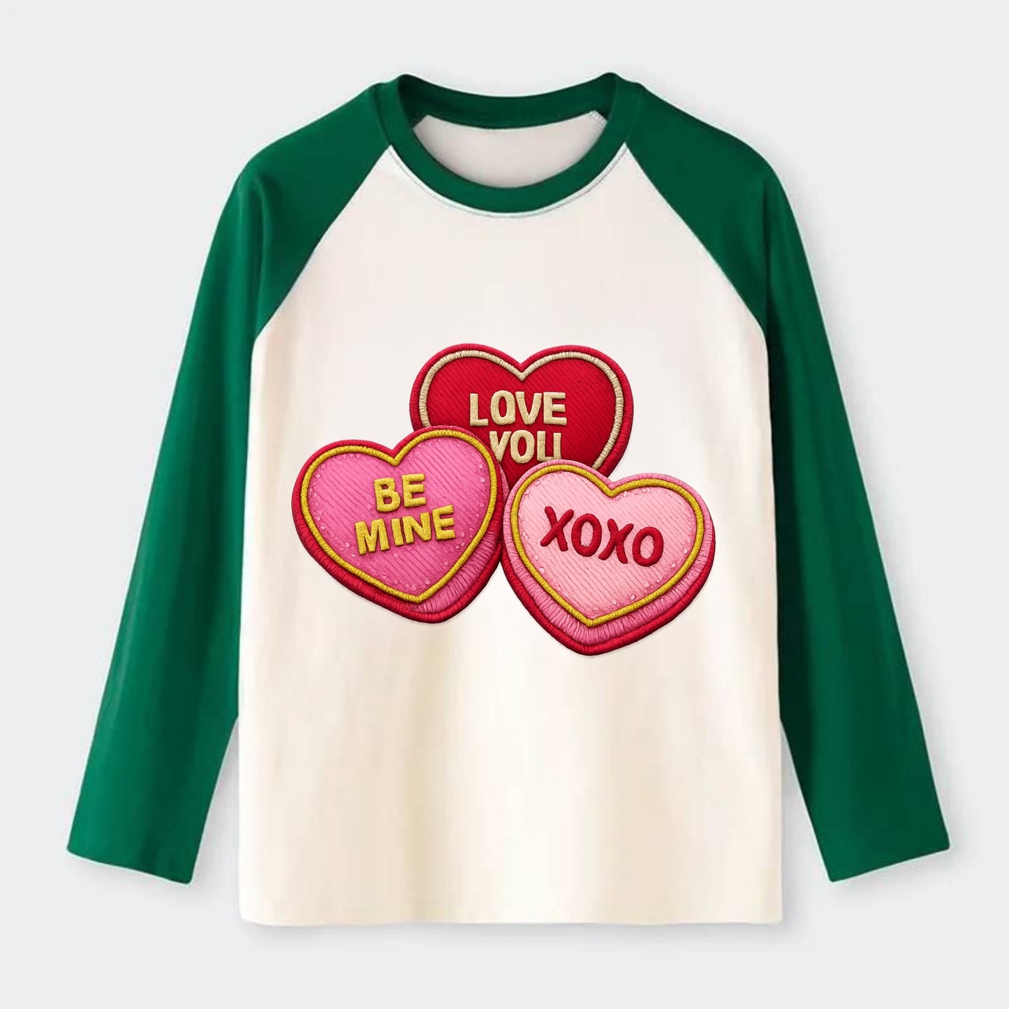 VALENTINES HEARTS - candy hearts in pink and red , love day - Raglan Long Sleeve T-Shirt - Green