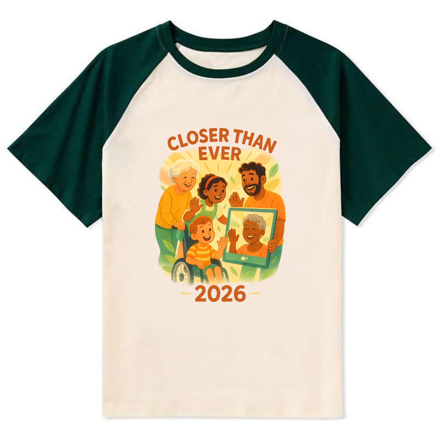 Technology bringing distant families together - "Closer Than Ever" - - Contrast Raglan T-shirt - Green