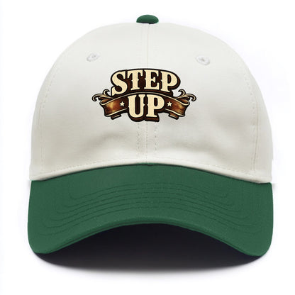 Bold typography design - "STEP UP" - rise to occasion, take charge - Two Tone Cap - Green