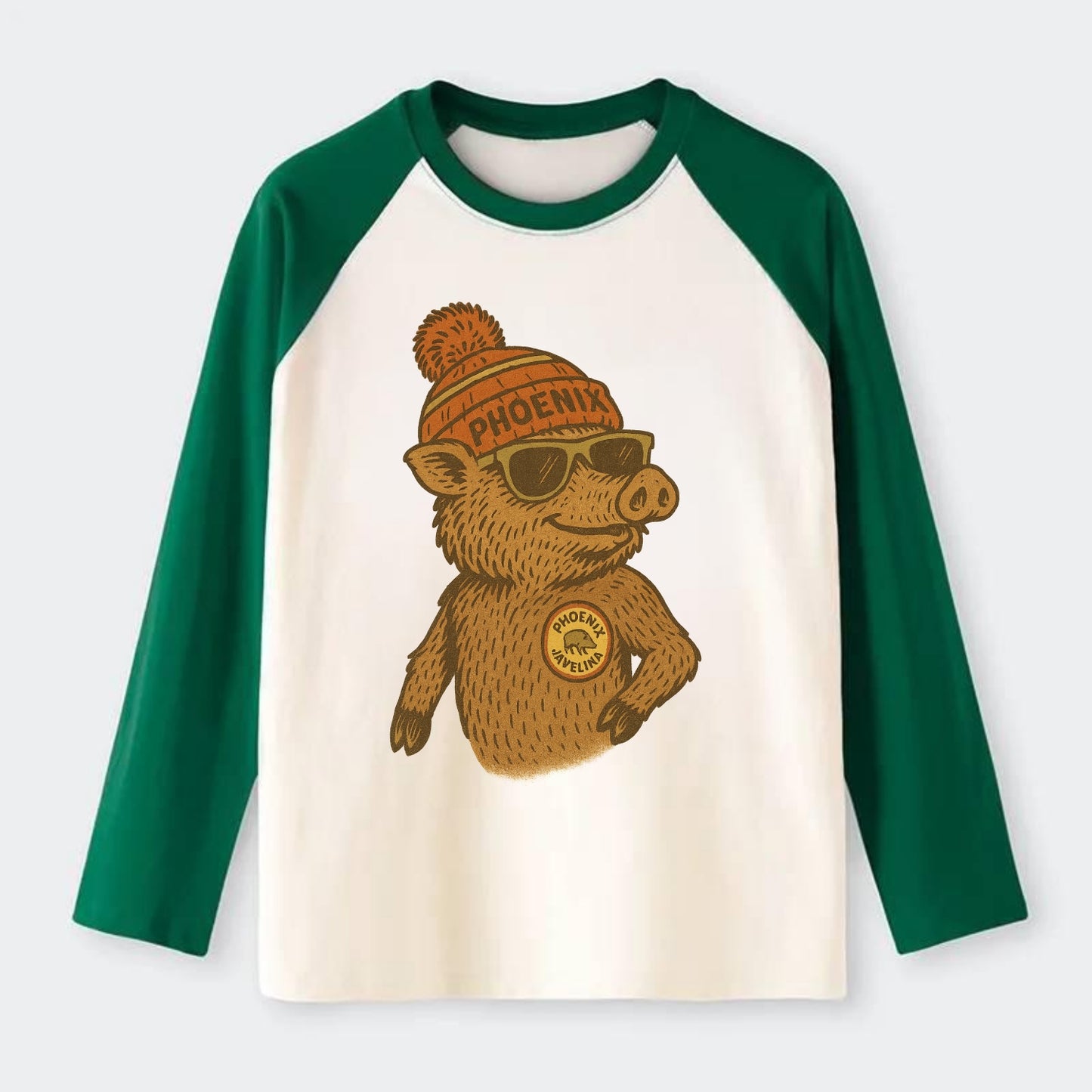 Phoenix Javelina wearing Phoenix beanie with pom pom and wayfarer - Raglan Long Sleeve T-Shirt - Green