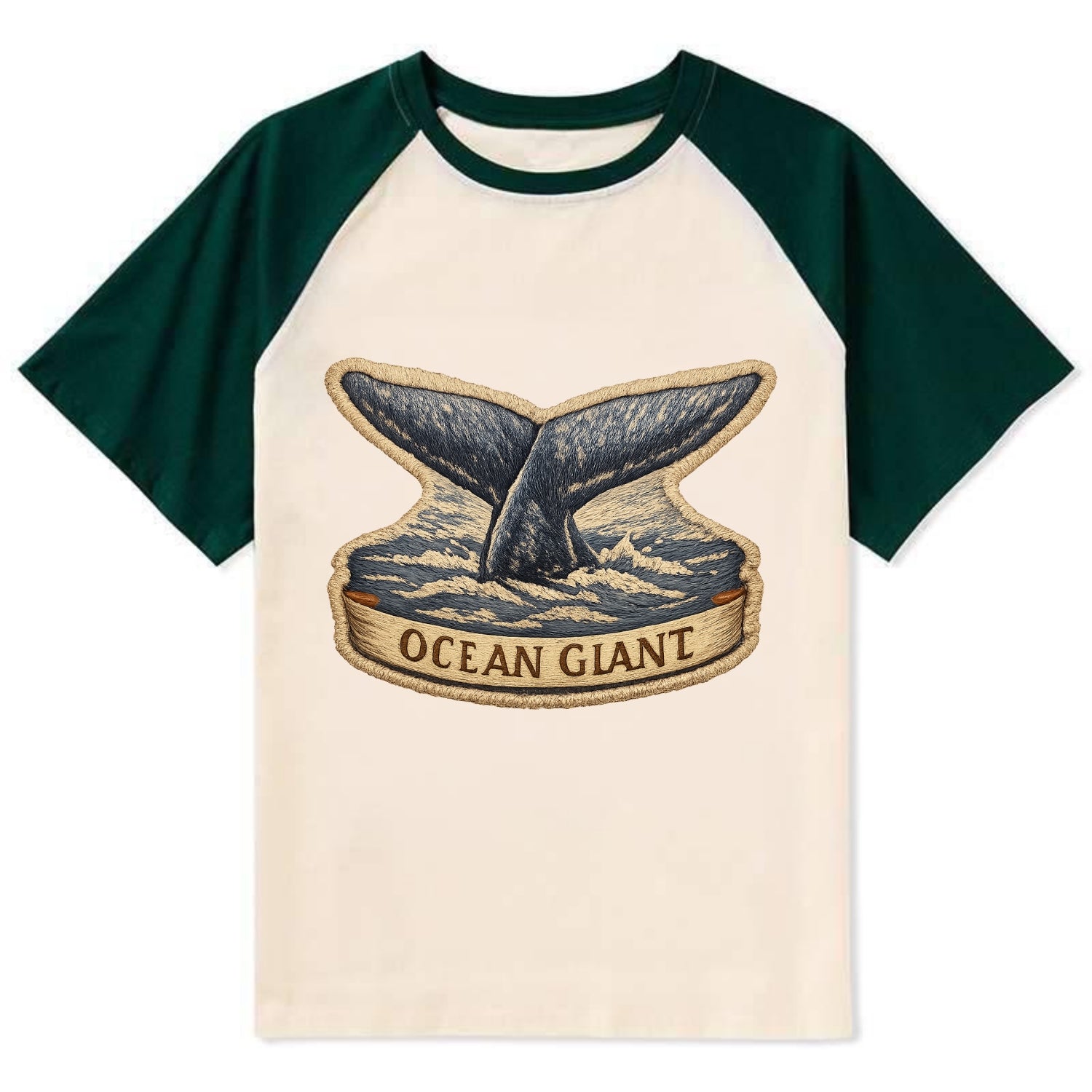 WHALE TAIL - diving whale in blue and gray , ocean giant - Contrast Raglan T-shirt - Green