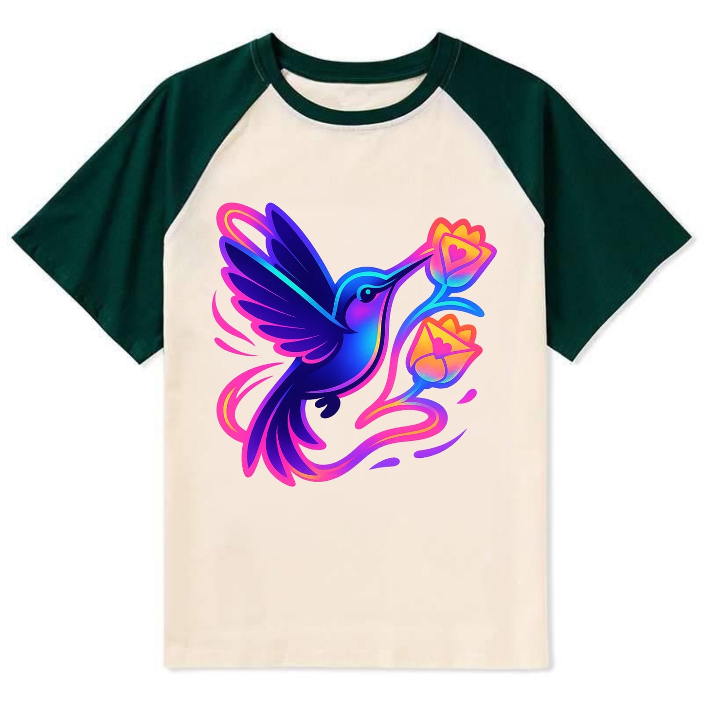 Hummingbird delivering miniature love letters tucked inside flower - Contrast Raglan T-shirt - Green