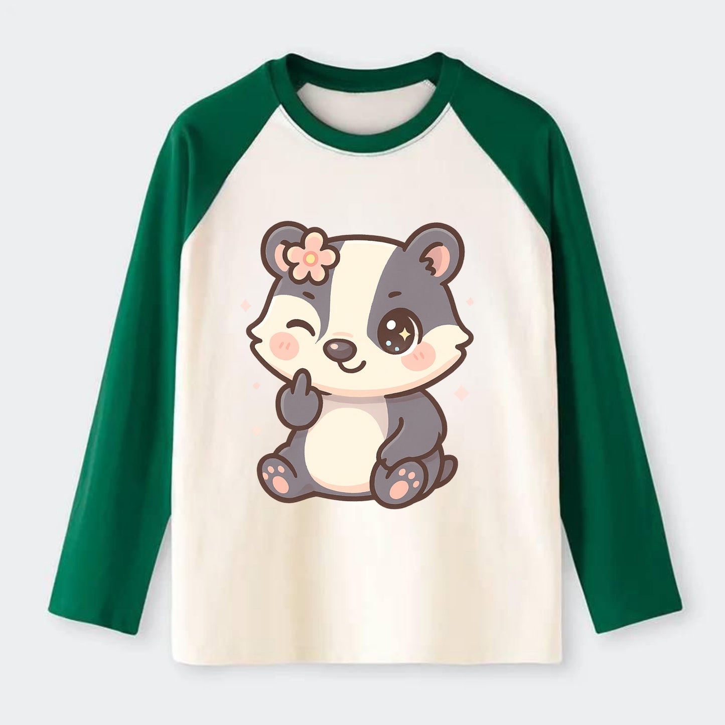 adorable badger with black and white stripes, one paw giving finger - Raglan Long Sleeve T-Shirt - Green