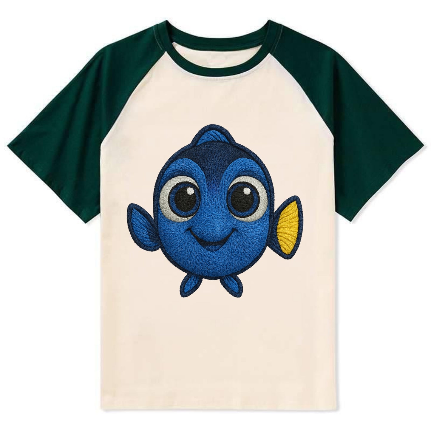 Baby Blue Tang - bright blue with yellow tail, big eyes, front-facing, - Contrast Raglan T-shirt - Green