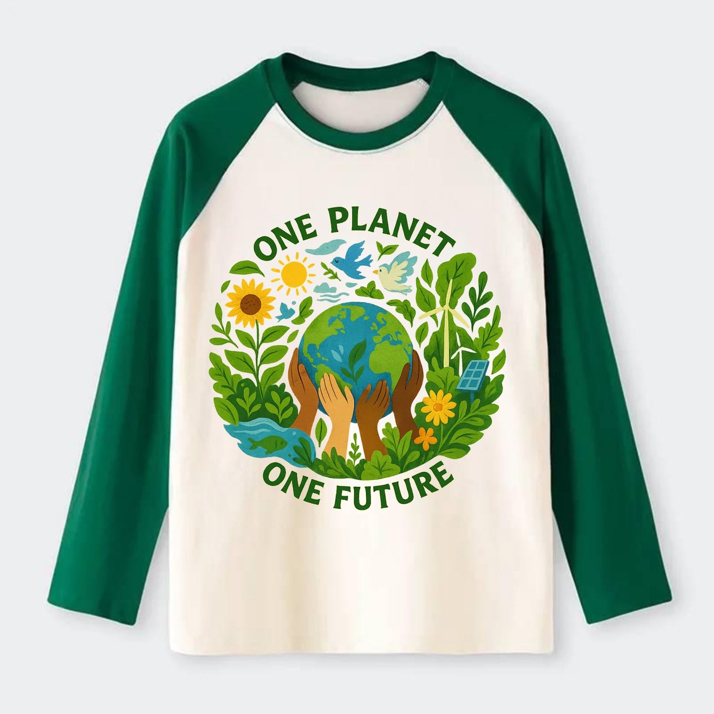 Globe surrounded by hands of all colors working together - "One - Raglan Long Sleeve T-Shirt - Green