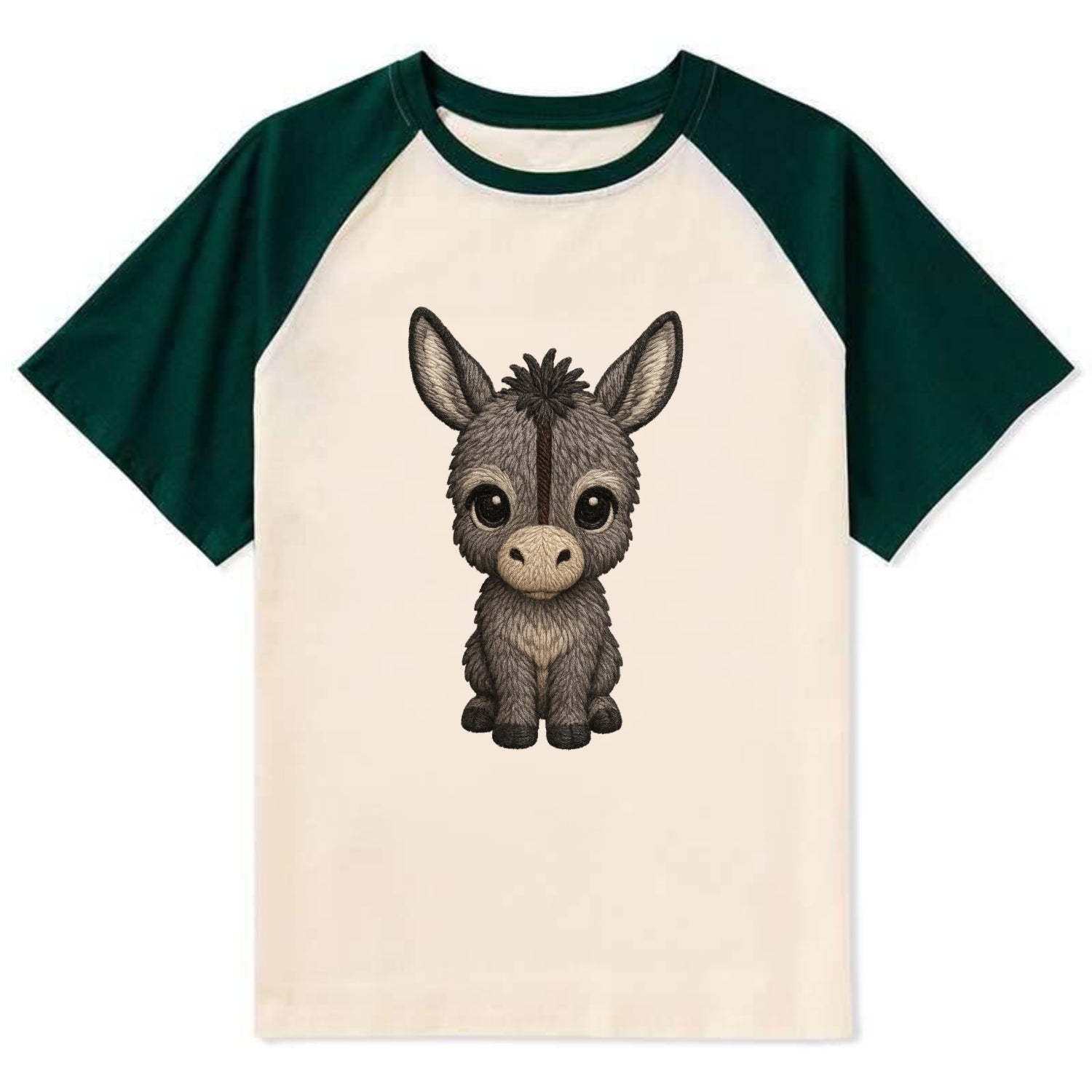 Baby Donkey Foal - gray fluffy, long ears, dark stripe, gentle eyes, - Contrast Raglan T-shirt - Green