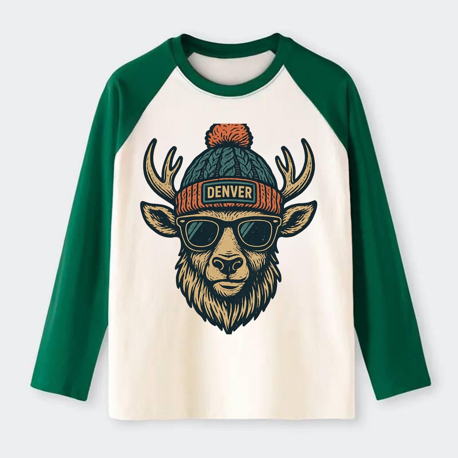 Denver Elk wearing Denver beanie with pom pom and wayfarer sunglasses - Raglan Long Sleeve T-Shirt - Green