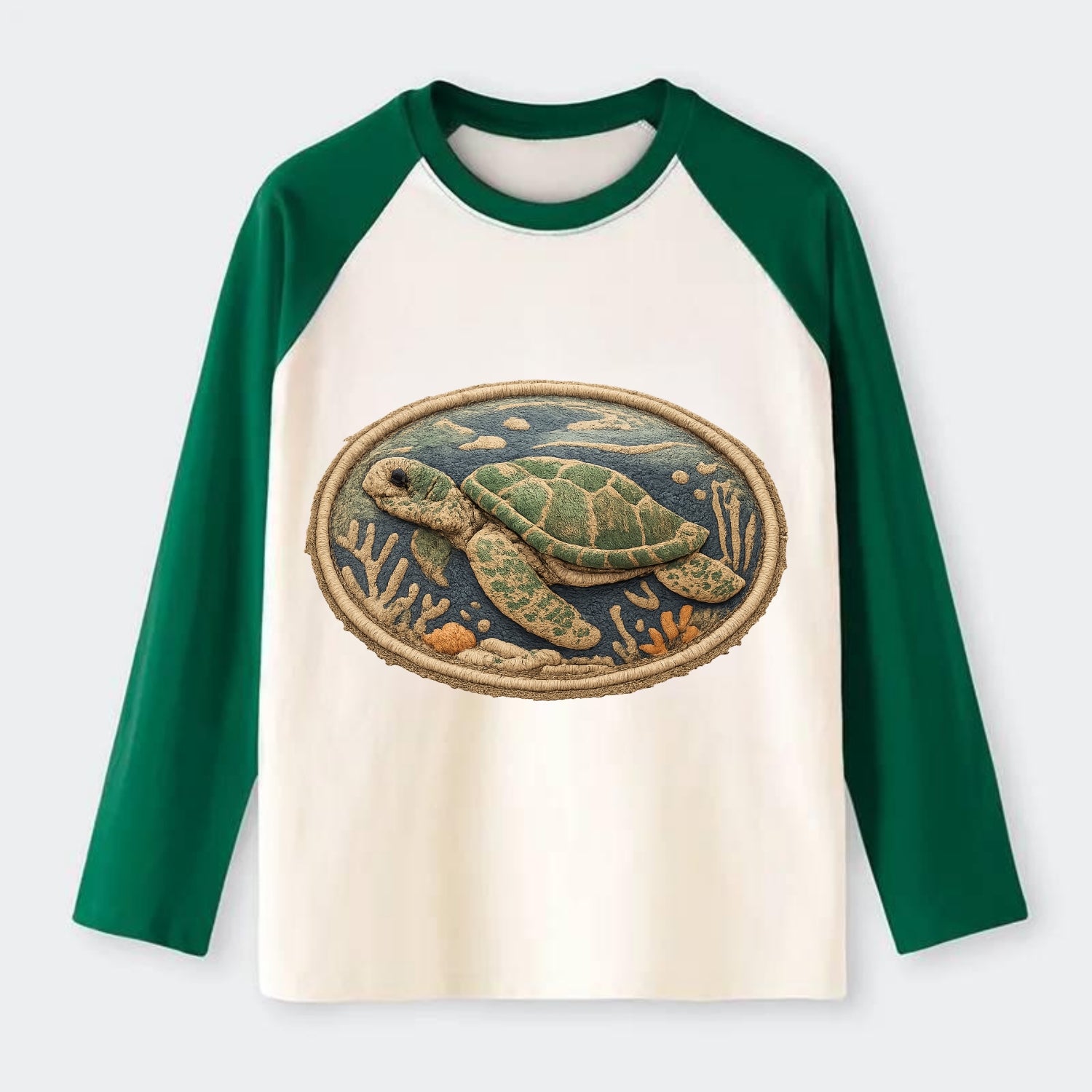 SEA TURTLE - swimming turtle in green and blue , ocean life - Raglan Long Sleeve T-Shirt - Green