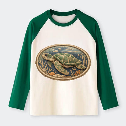 SEA TURTLE - swimming turtle in green and blue , ocean life - Raglan Long Sleeve T-Shirt - Green