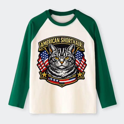 AMERICAN SHORTHAIR - classic american cat in silver tabby , - Raglan Long Sleeve T-Shirt - Green