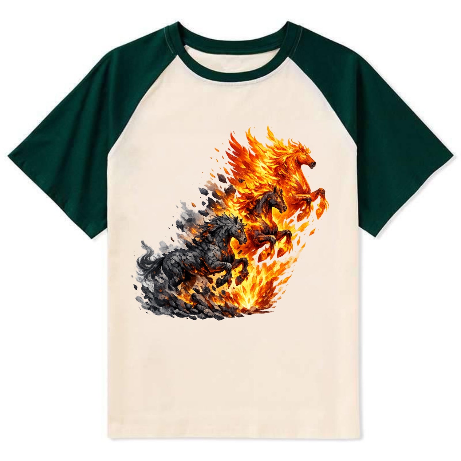 INFERNO STALLION | Horse made entirely of living flames | Blazing mane - Contrast Raglan T-shirt - Green