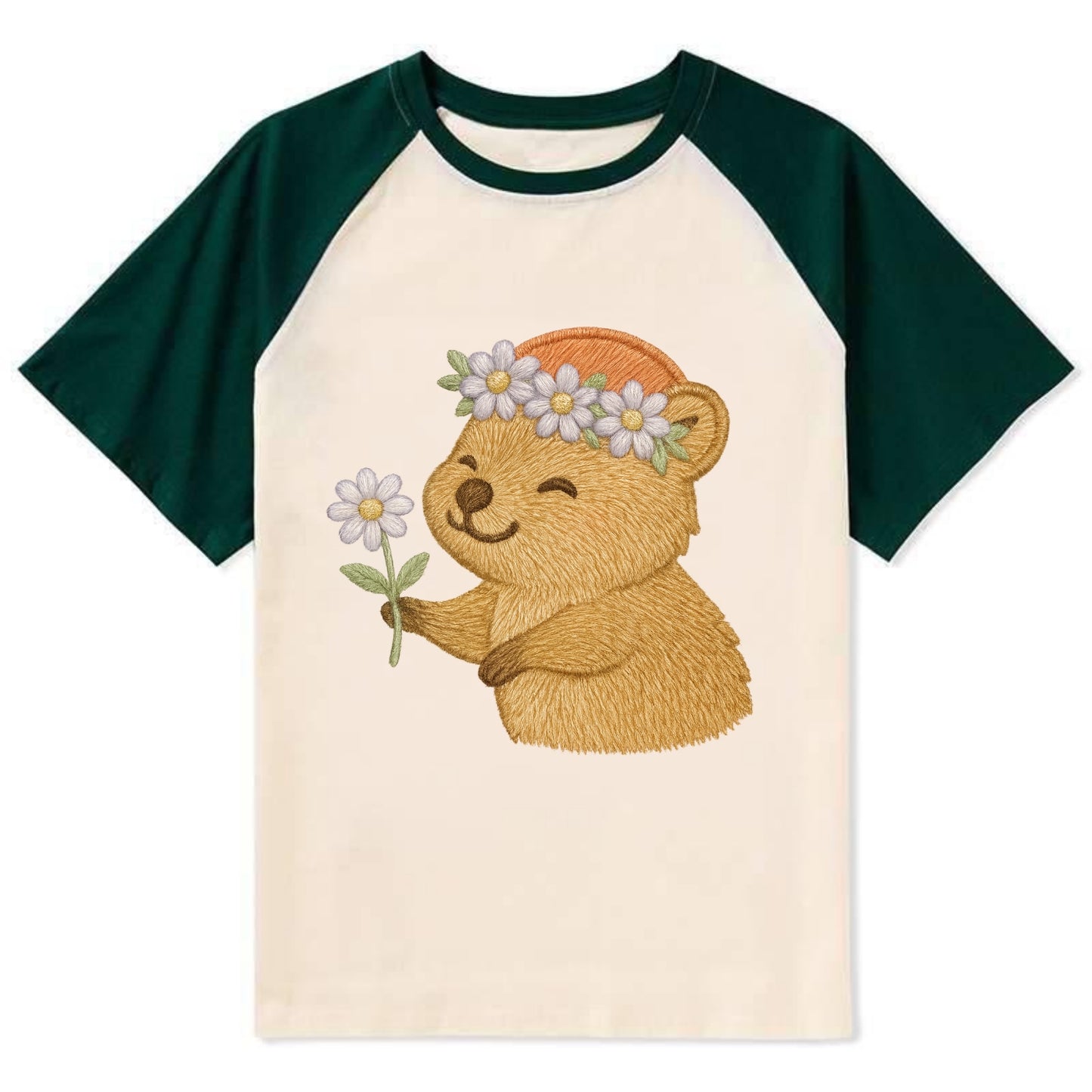 Quokka Daisy Chain - Contrast Raglan T-shirt - Green