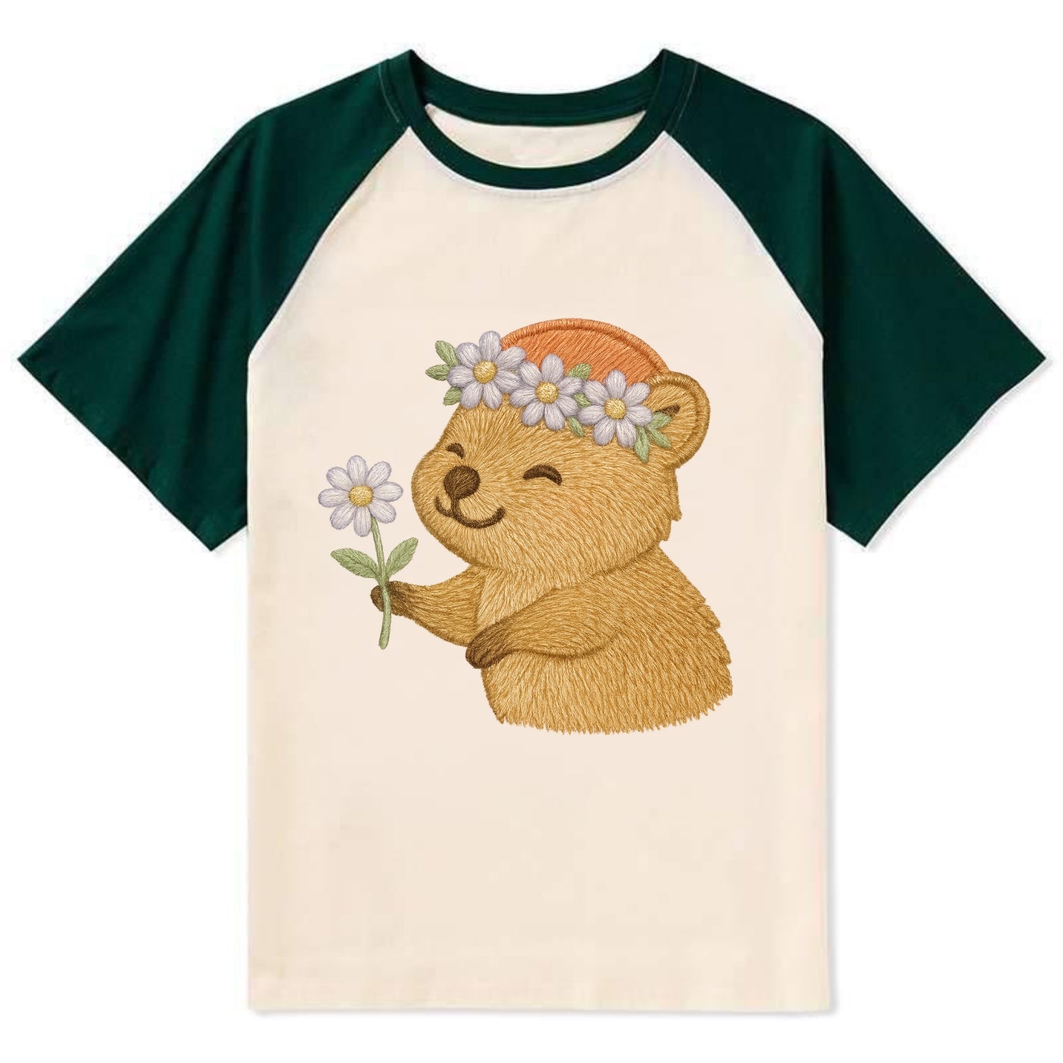 Quokka Daisy Chain - Contrast Raglan T-shirt - Green