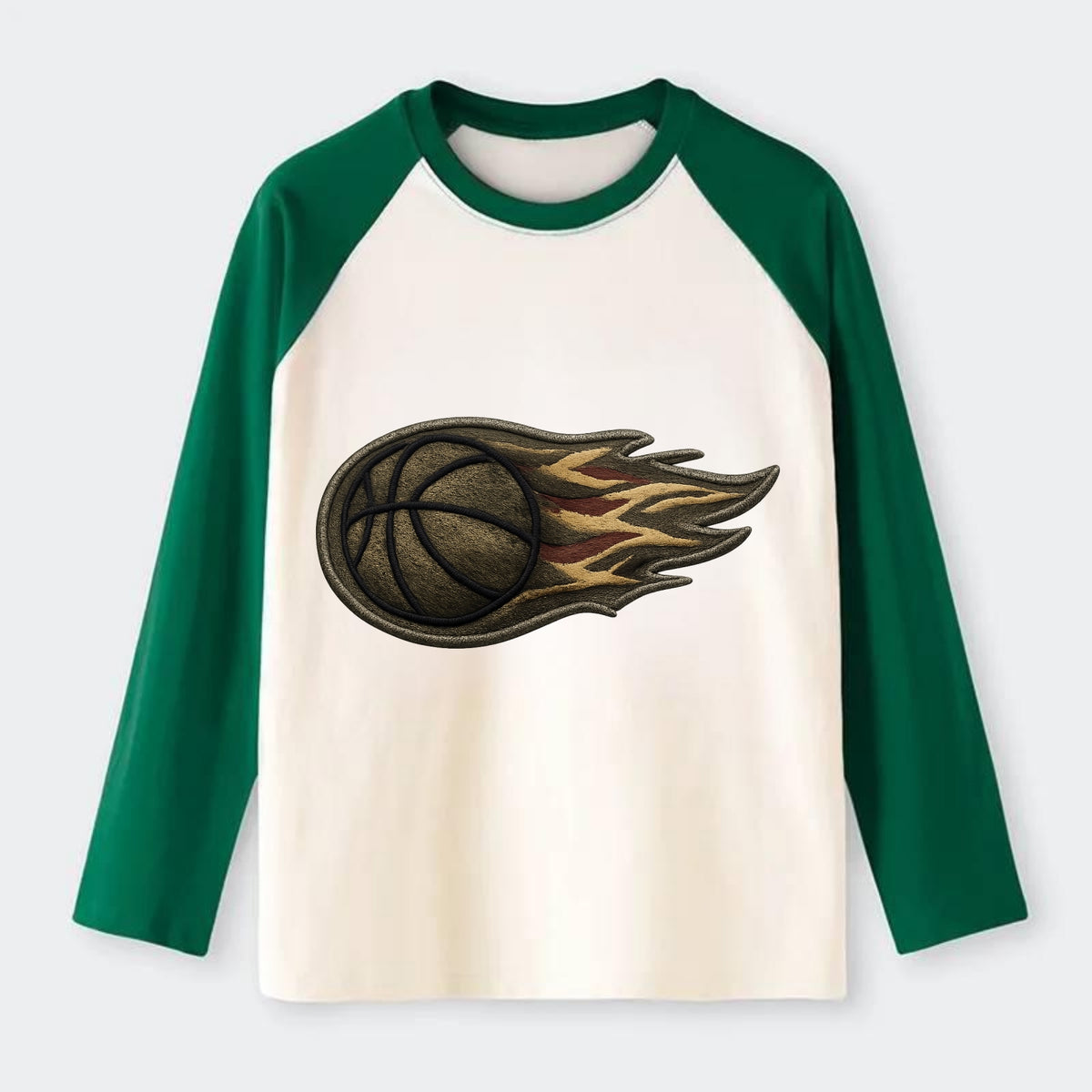 BASKETBALL FLAMING BALL - basketball with flames in orange and red , - Raglan Long Sleeve T-Shirt - Green