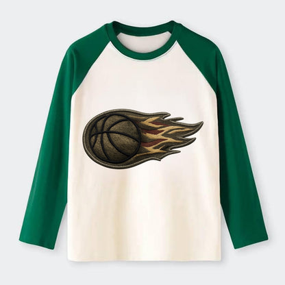 BASKETBALL FLAMING BALL - basketball with flames in orange and red , - Raglan Long Sleeve T-Shirt - Green