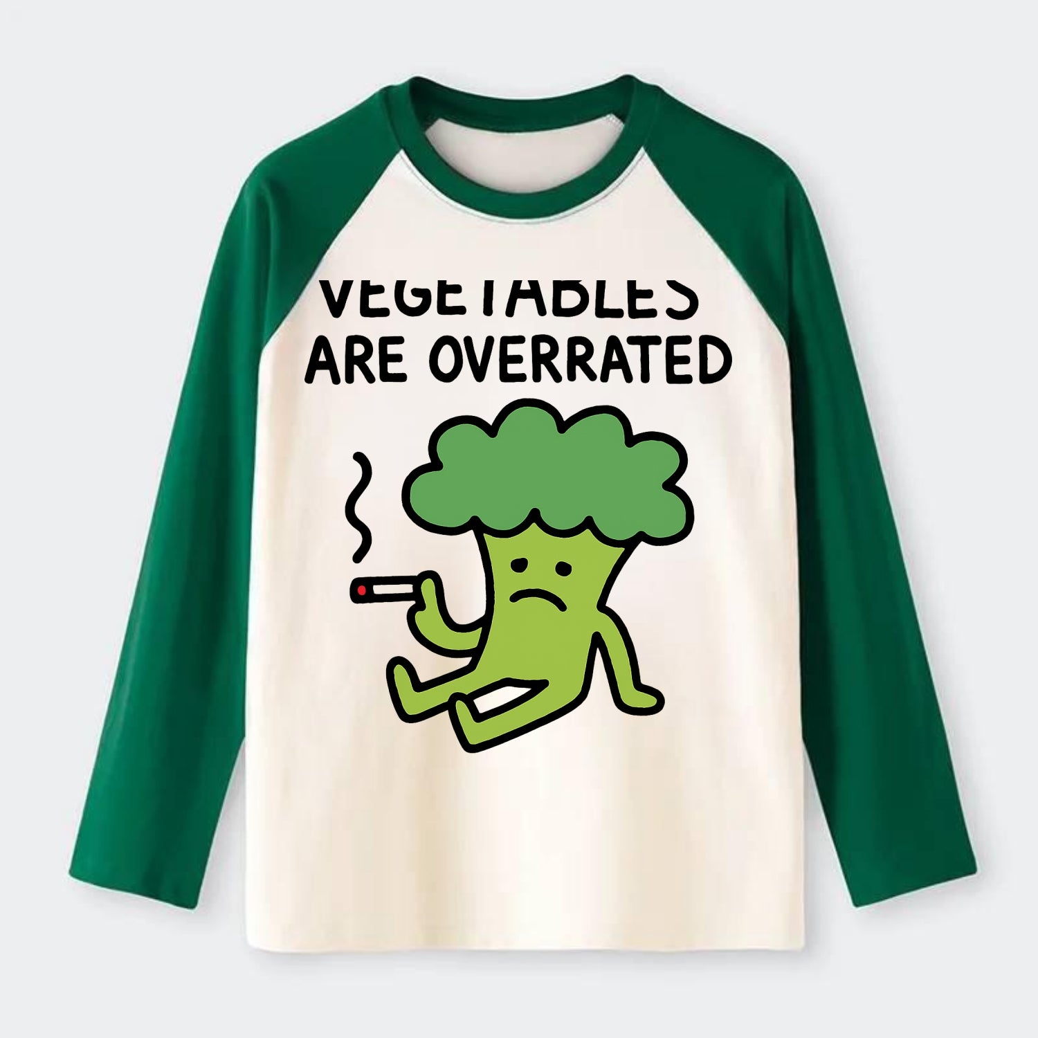 VEGETABLES ARE OVERRATED | Rebellious broccoli smoking - Raglan Long Sleeve T-Shirt - Green