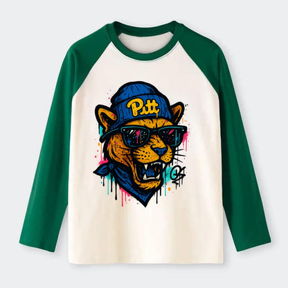 Pittsburgh Panther wearing Pitt beanie with script patch - Raglan Long Sleeve T-Shirt - Green