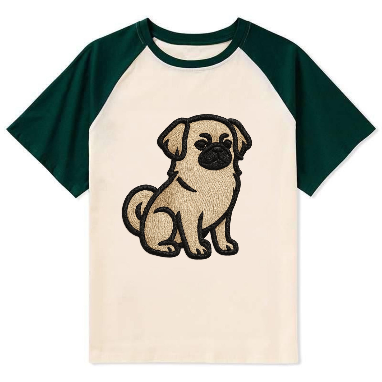 Tibetan Spaniel - Fawn small dog embroid - Contrast Raglan T-shirt - Green