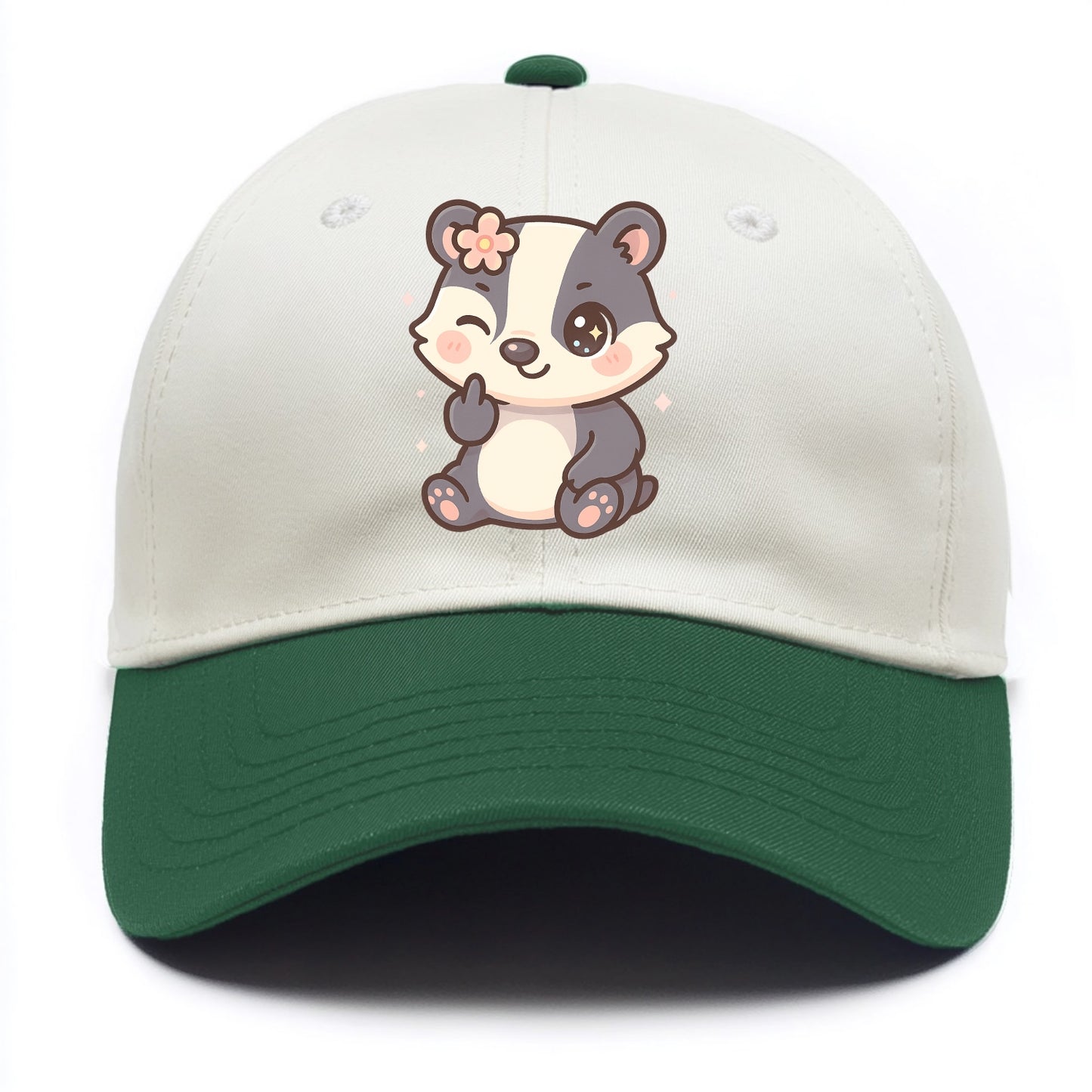 adorable badger with black and white stripes, one paw giving finger - Two Tone Cap - Green
