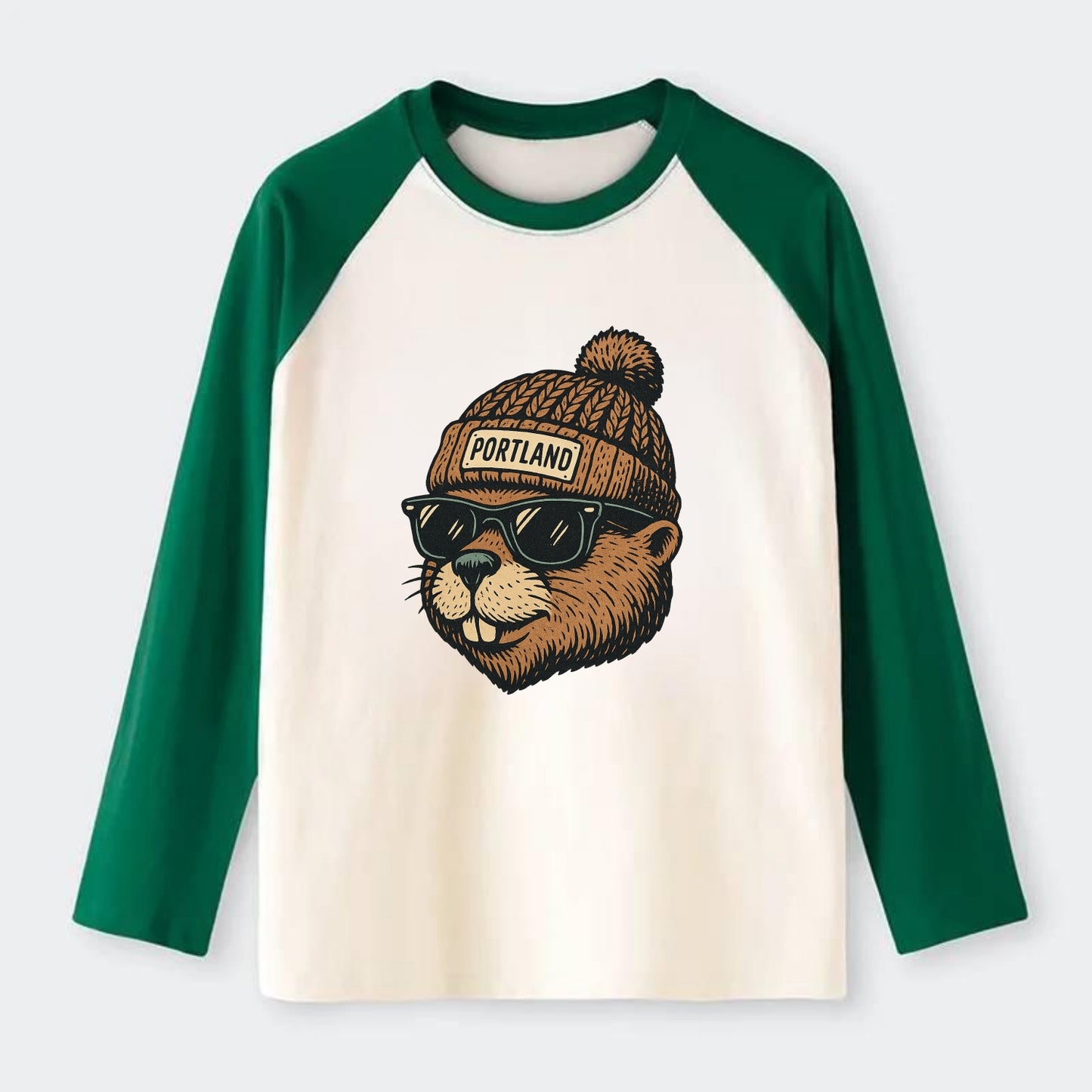 Portland Beaver wearing Portland beanie with pom pom and wayfarer - Raglan Long Sleeve T-Shirt - Green