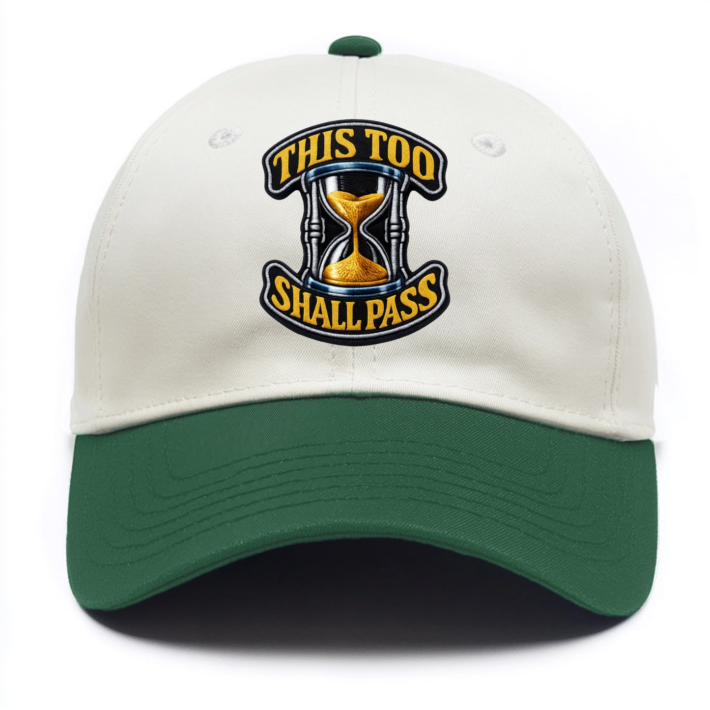 THIS TOO SHALL PASS - hourglass with text in gold , perspective - Two Tone Cap - Green