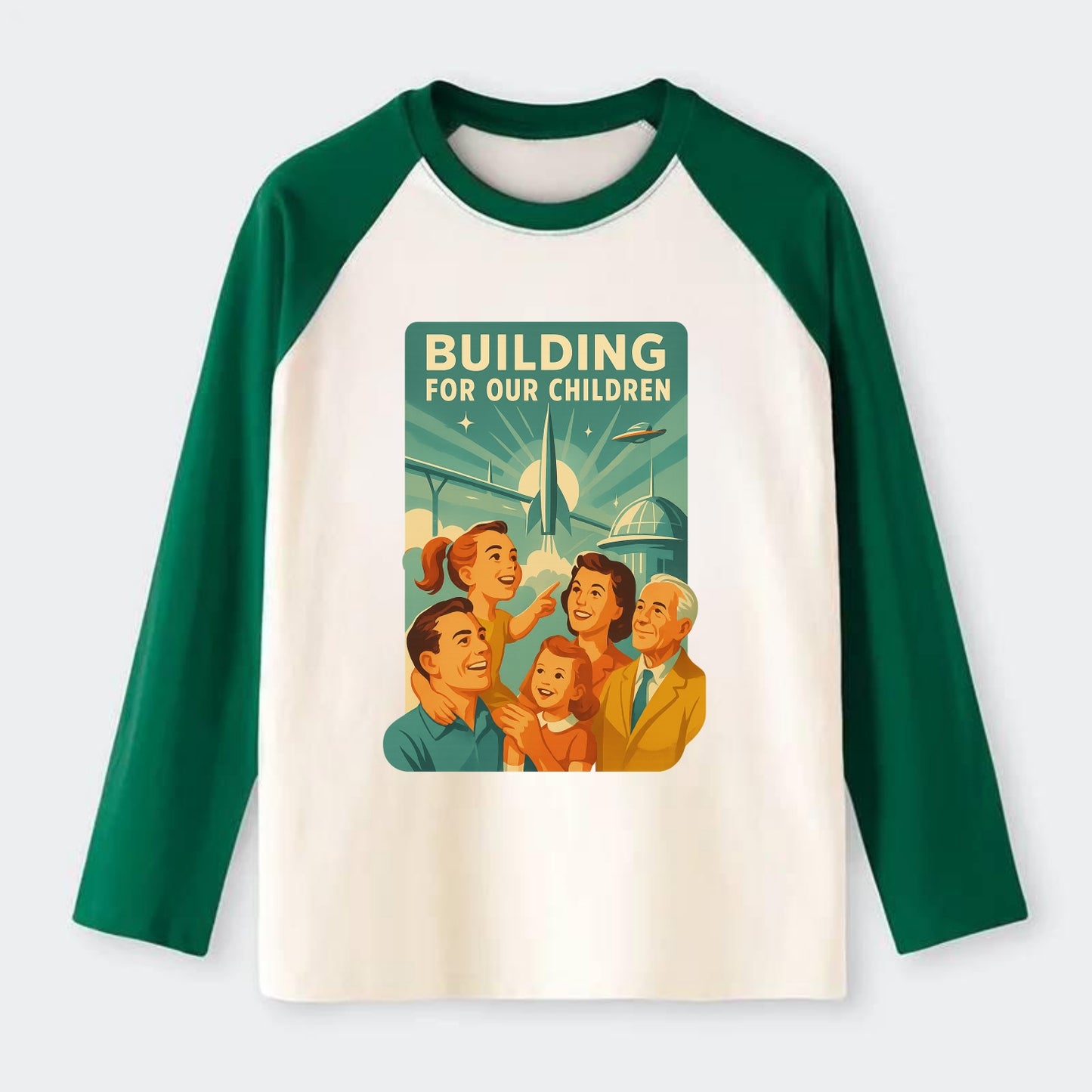 Multiple generations celebrating progress together - "Building for Our - Raglan Long Sleeve T-Shirt - Green