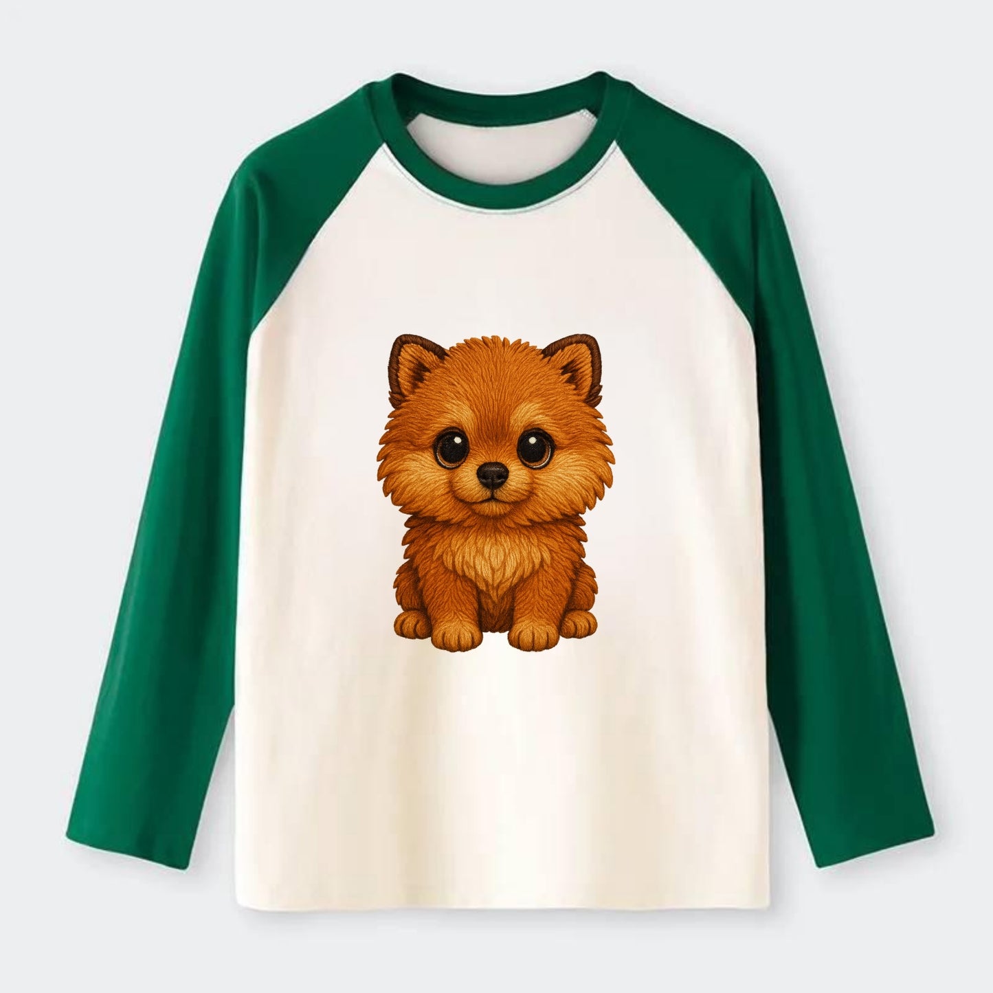 Baby Pomeranian Puppy - fluffy orange ball, fox face, tiny body, - Raglan Long Sleeve T-Shirt - Green