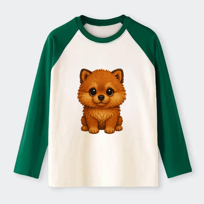 Baby Pomeranian Puppy - fluffy orange ball, fox face, tiny body, - Raglan Long Sleeve T-Shirt - Green
