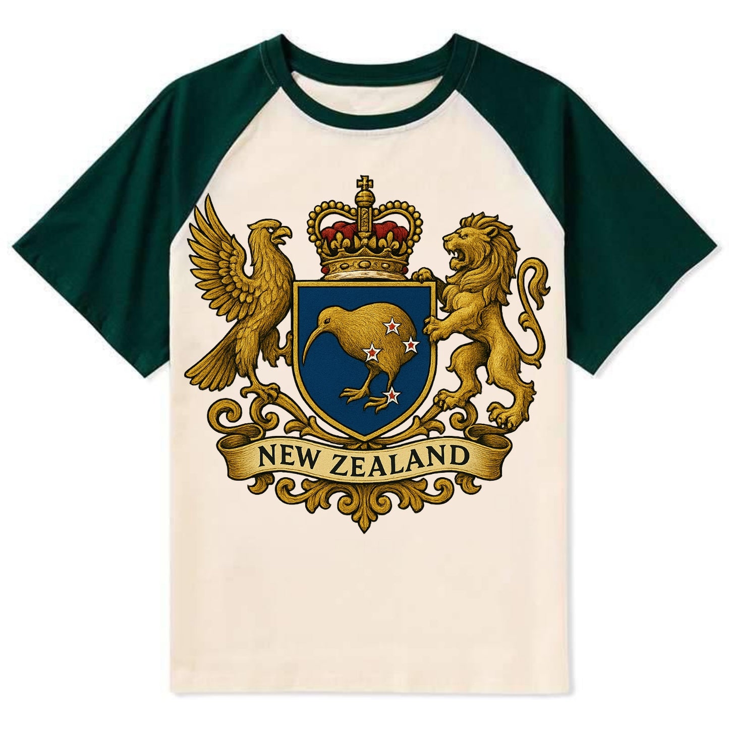 New Zealand Heritage Badge - Contrast Raglan T-shirt - Green