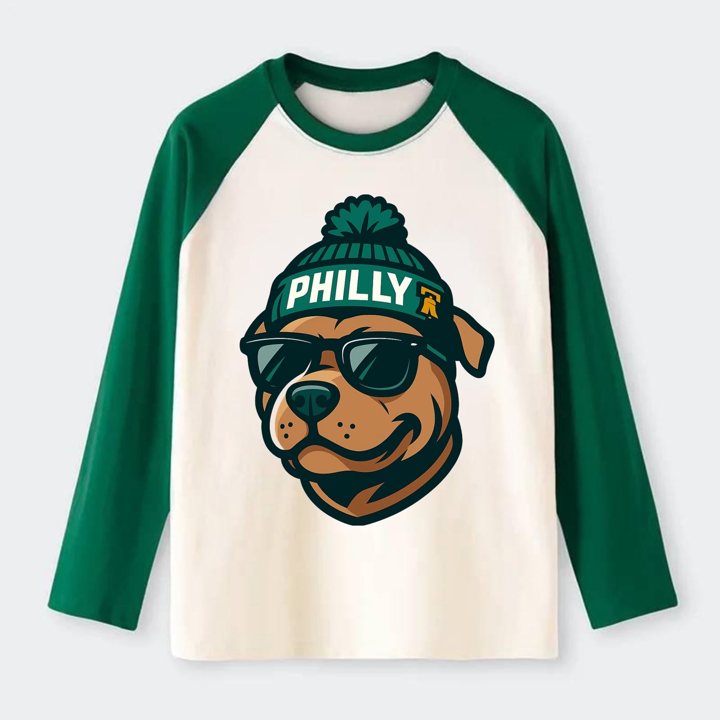 Philly Pitbull wearing Eagles beanie with Liberty Bell patch and - Raglan Long Sleeve T-Shirt - Green