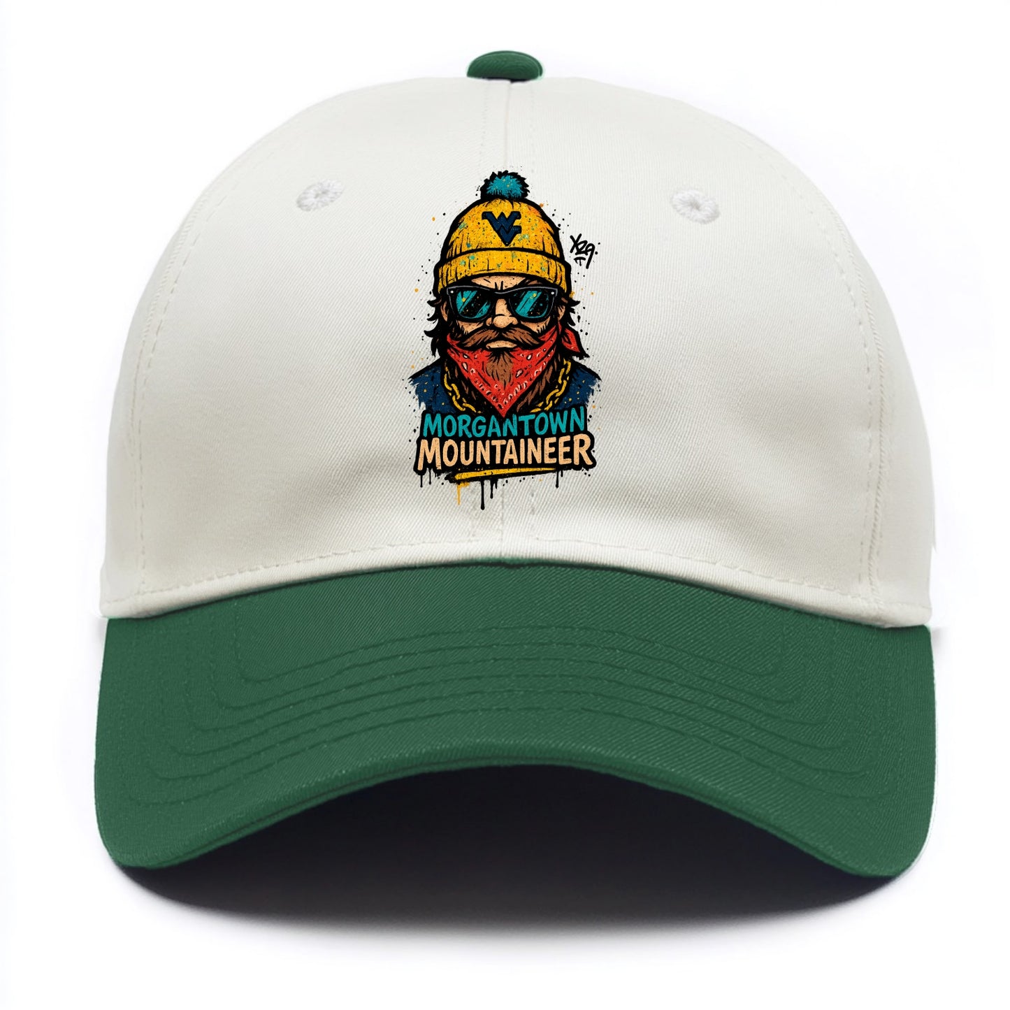 Morgantown Mountaineer wearing West Virginia beanie with WV patch - Two Tone Cap - Green